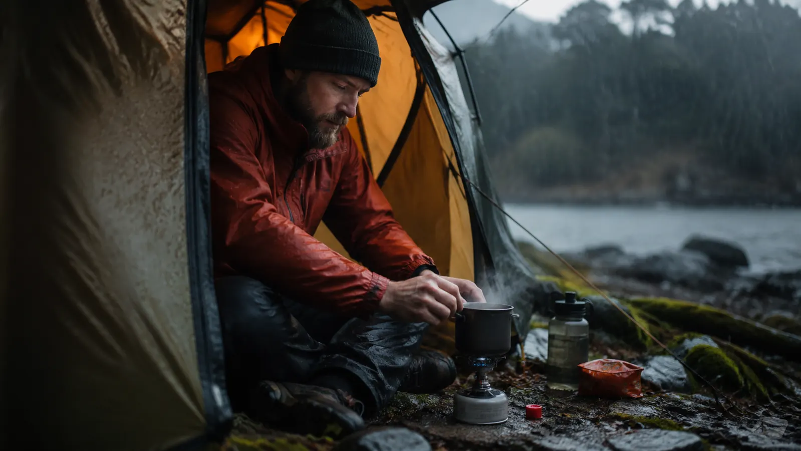 Backpacker boiling water in a titanium pot on a small stove, steam rising, inside a tent vestibule with rain visible outside