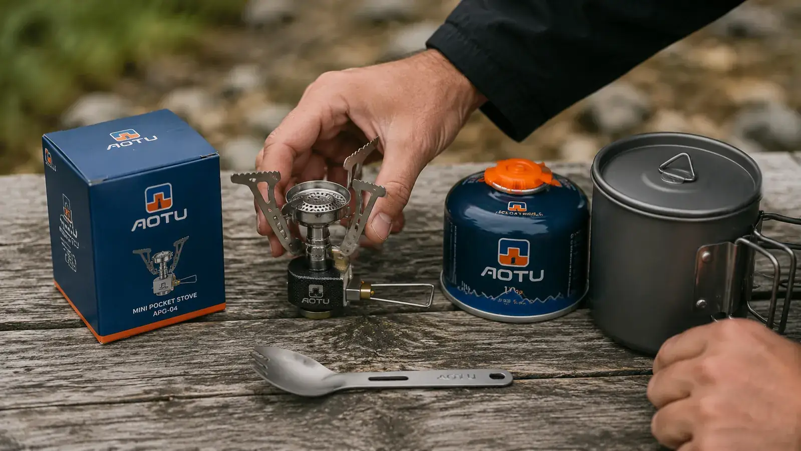 Backpacking stove, fuel canister, small pot, and spork laid out next to a daypack on a wooden picnic table