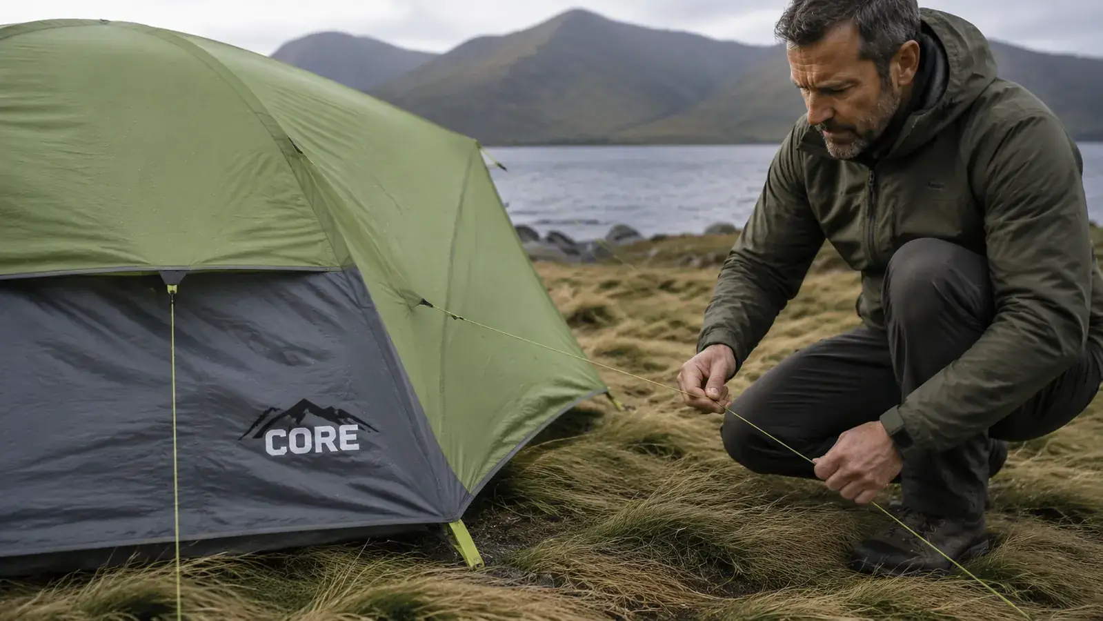 Camper staking out a dome tent rainfly in wind at a lakeside campsite