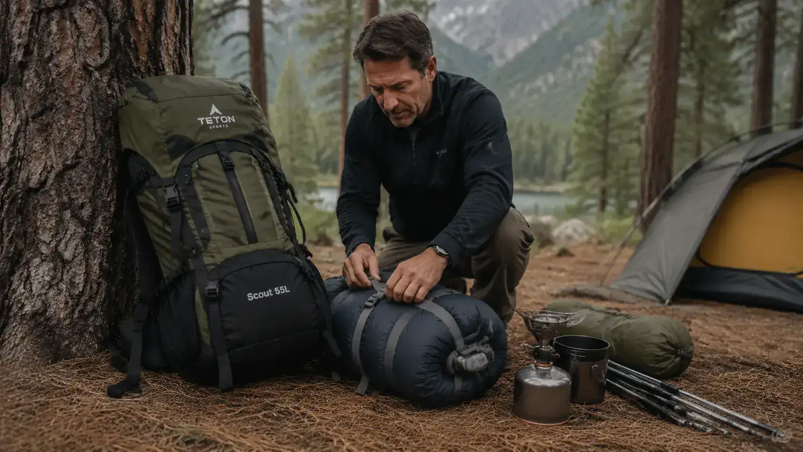 TETON Scout 55L internal frame backpack leaning against a pine tree at a campsite with gear laid out beside it