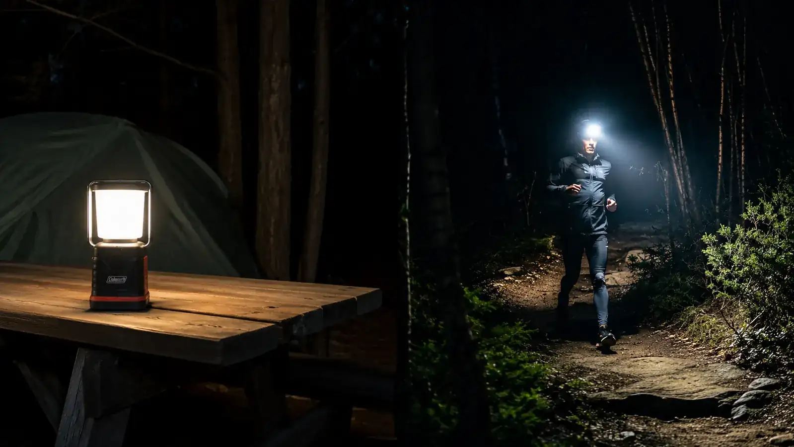 Side-by-side comparison showing a camp lantern on a picnic table versus a headlamp worn by a hiker on the trail