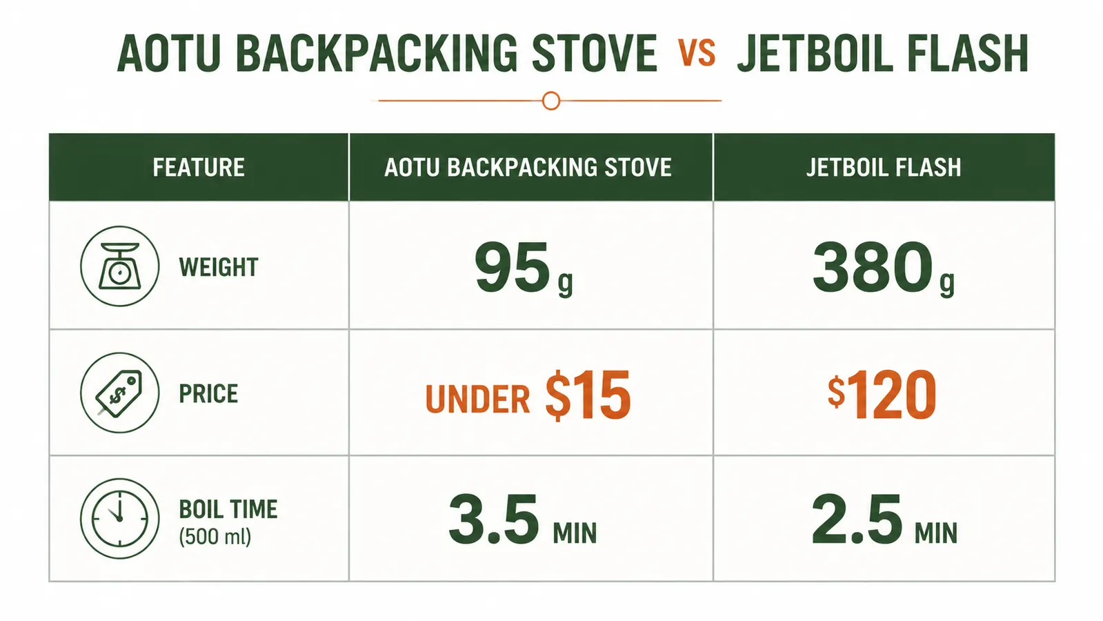 Comparison chart showing AOTU stove weight at 95 grams vs Jetboil Flash at 380 grams, with price comparison and boil time side by side