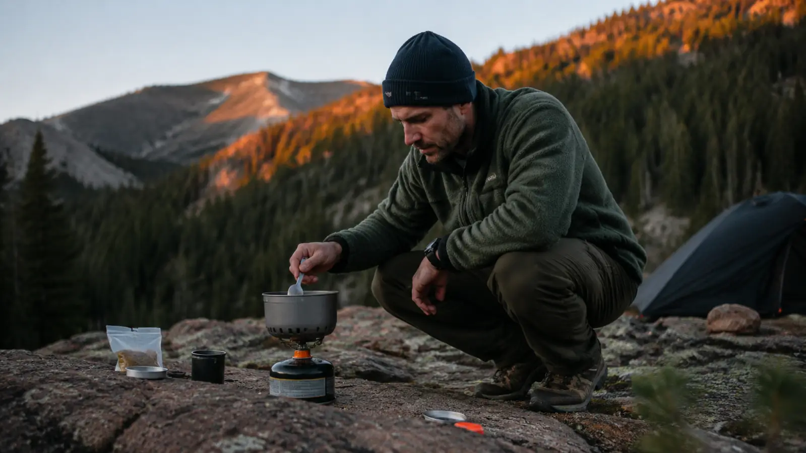 Backpacker crouching beside a lit stove at a mountain campsite stirring a pot of food, pine-covered ridge visible in the background at dusk