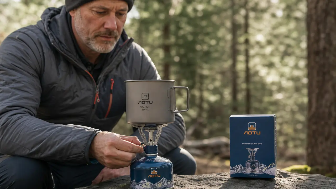Hand igniting a small canister-top camping stove with a pot balanced on the burner arms, forest camp background