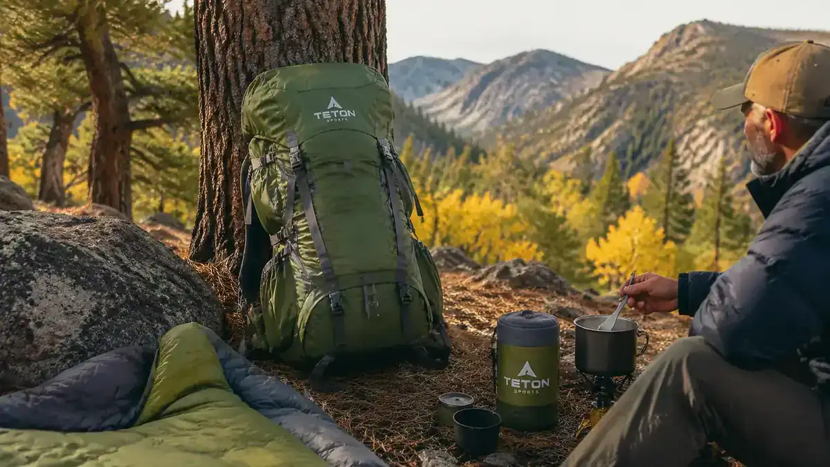 Teton Scout 55L backpack leaning against a pine tree at a mountain base camp, gear laid out beside it