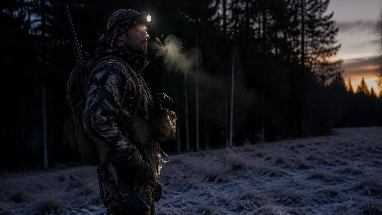 Hunter wearing headlamp in predawn darkness, rifle slung over shoulder, pine forest visible