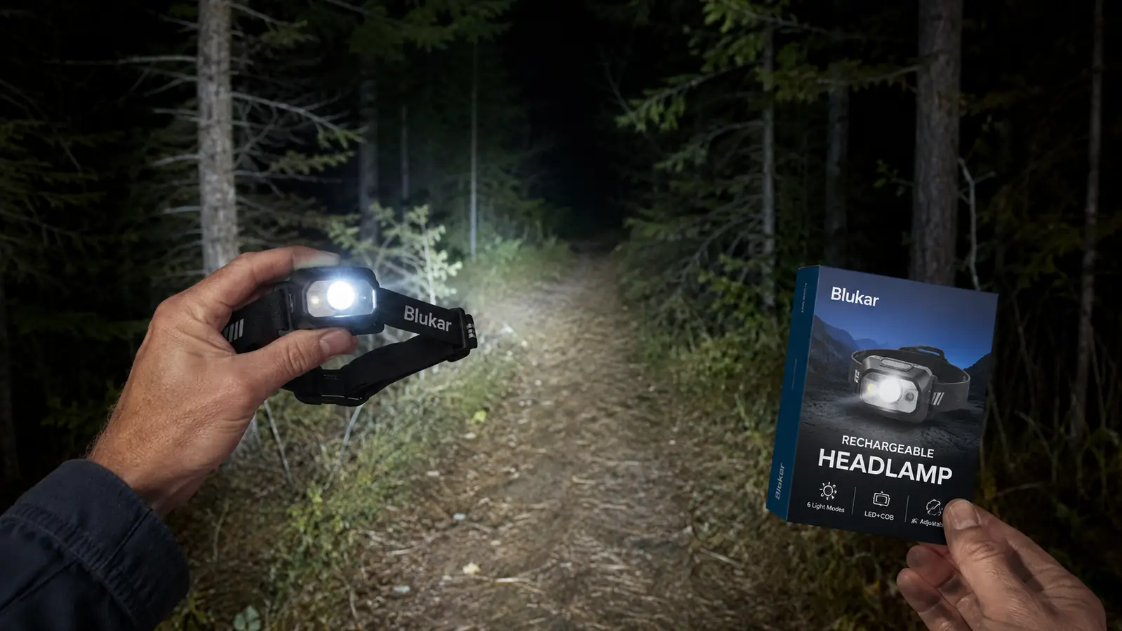 Hand holding a Blukar headlamp with beam shining on a hiking trail at night