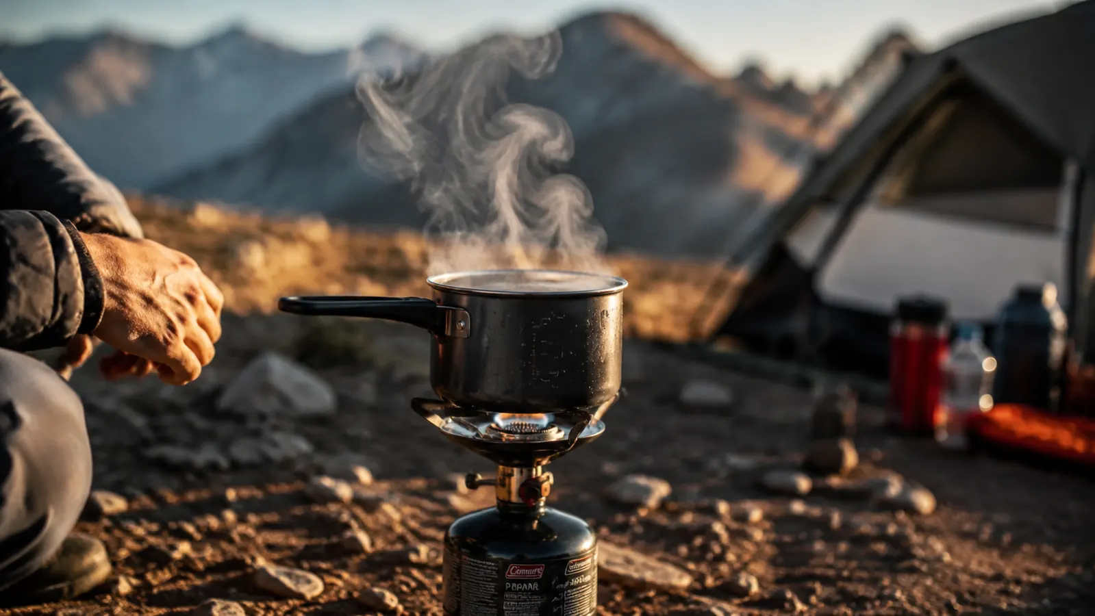 Steam rising from a small titanium pot on a backpacking stove at a high-elevation rocky camp