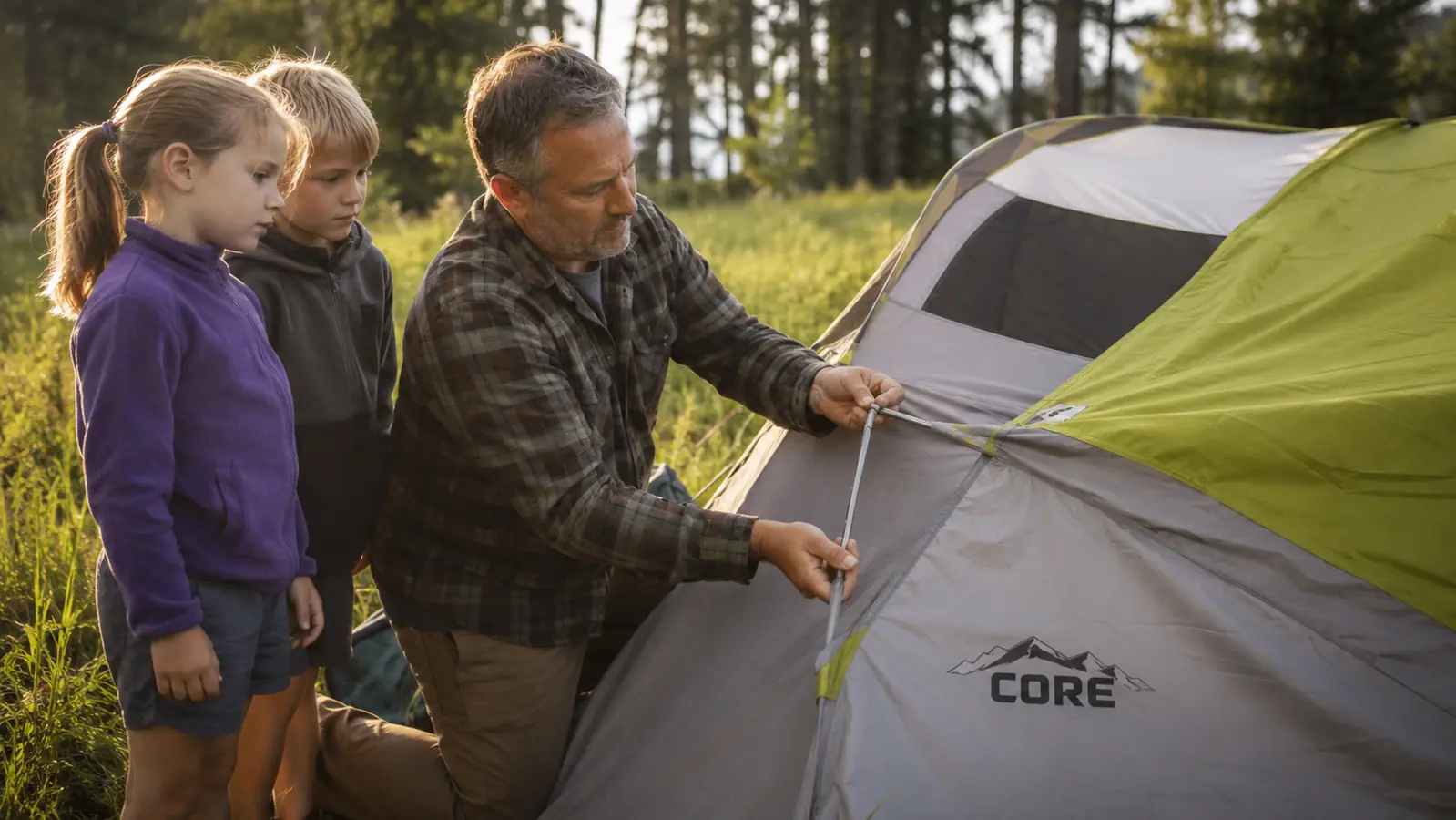 Father threading a tent pole through the sleeve of a dome tent in a grassy campsite while two kids watch nearby