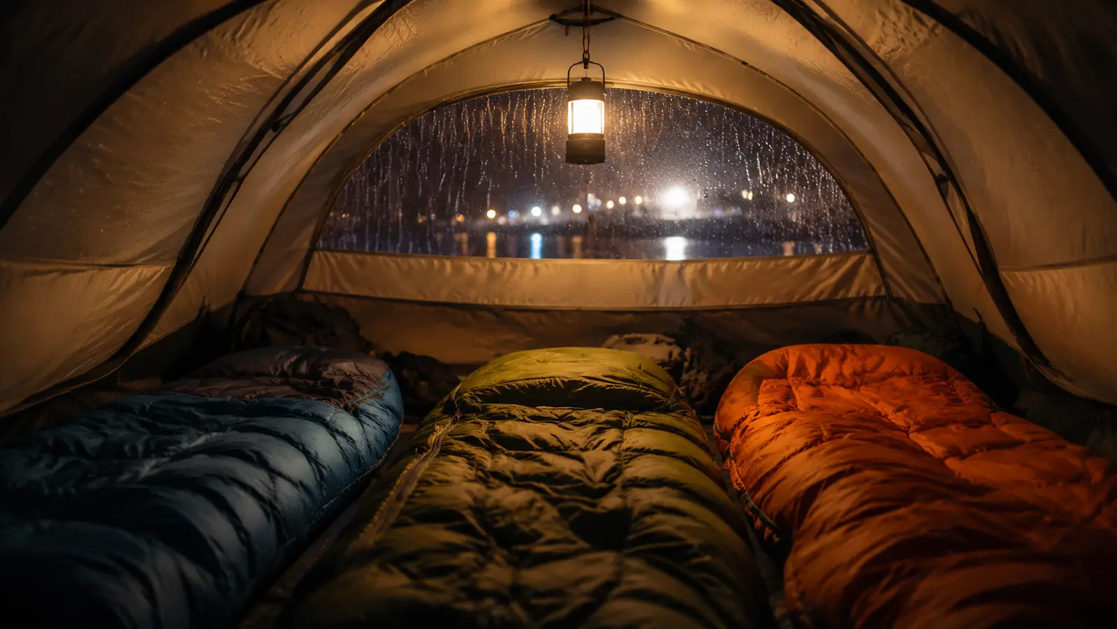 Interior of a dome tent at night with three sleeping bags laid out and a small lantern hanging from the center loop