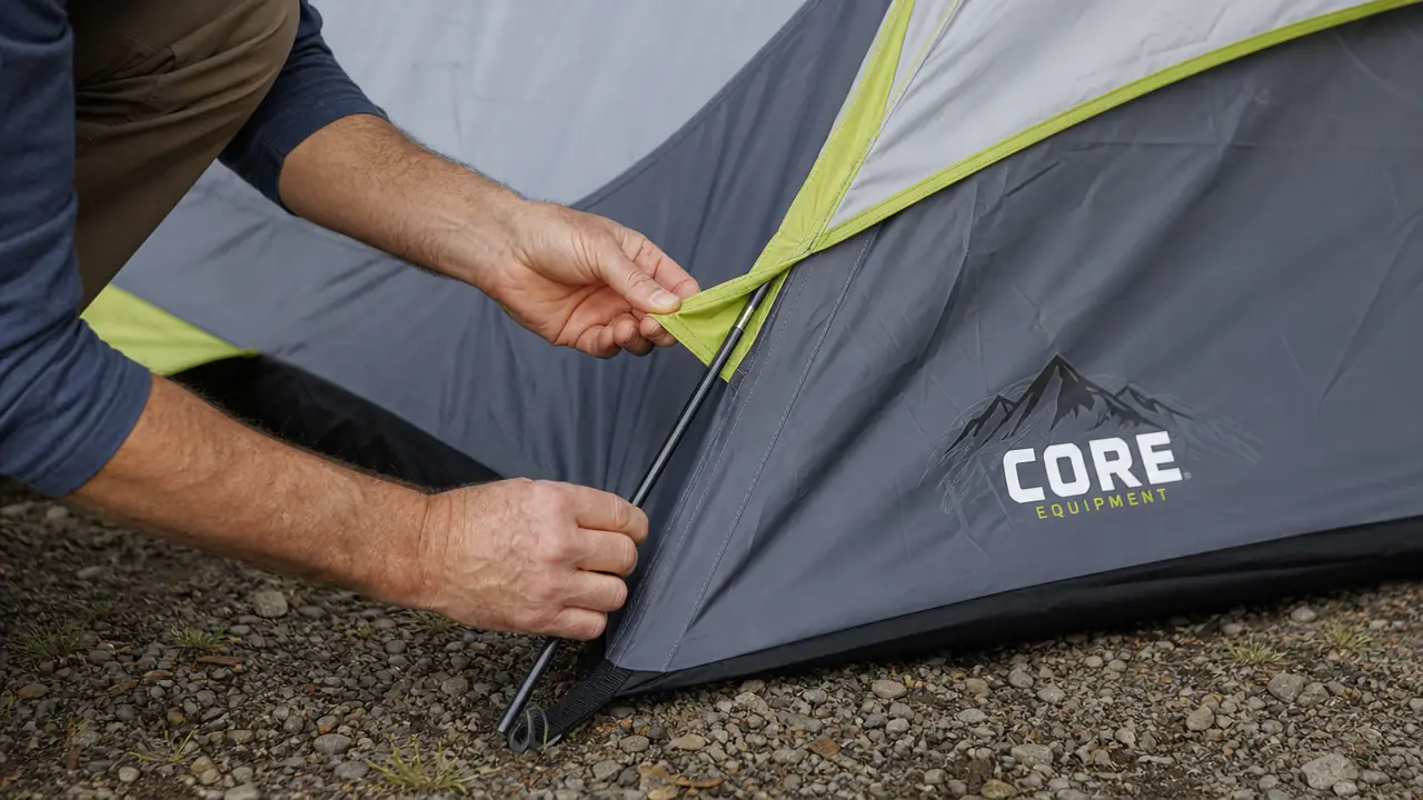Man threading a fiberglass pole through the sleeve of a dome tent during setup