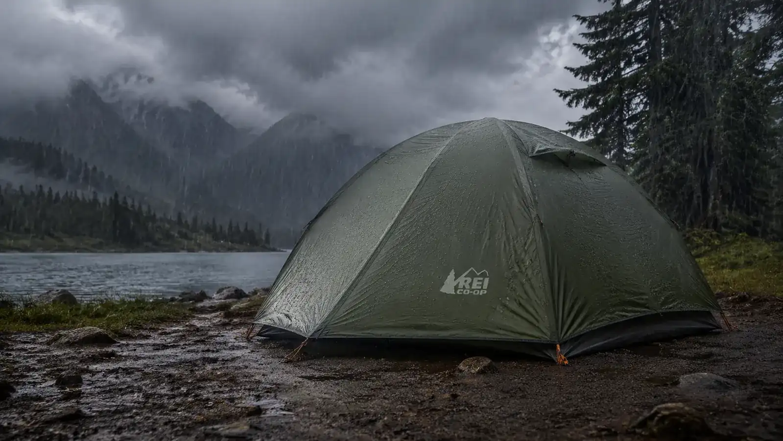 Dome tent with rainfly fully deployed during a rainstorm, water beading off the fly