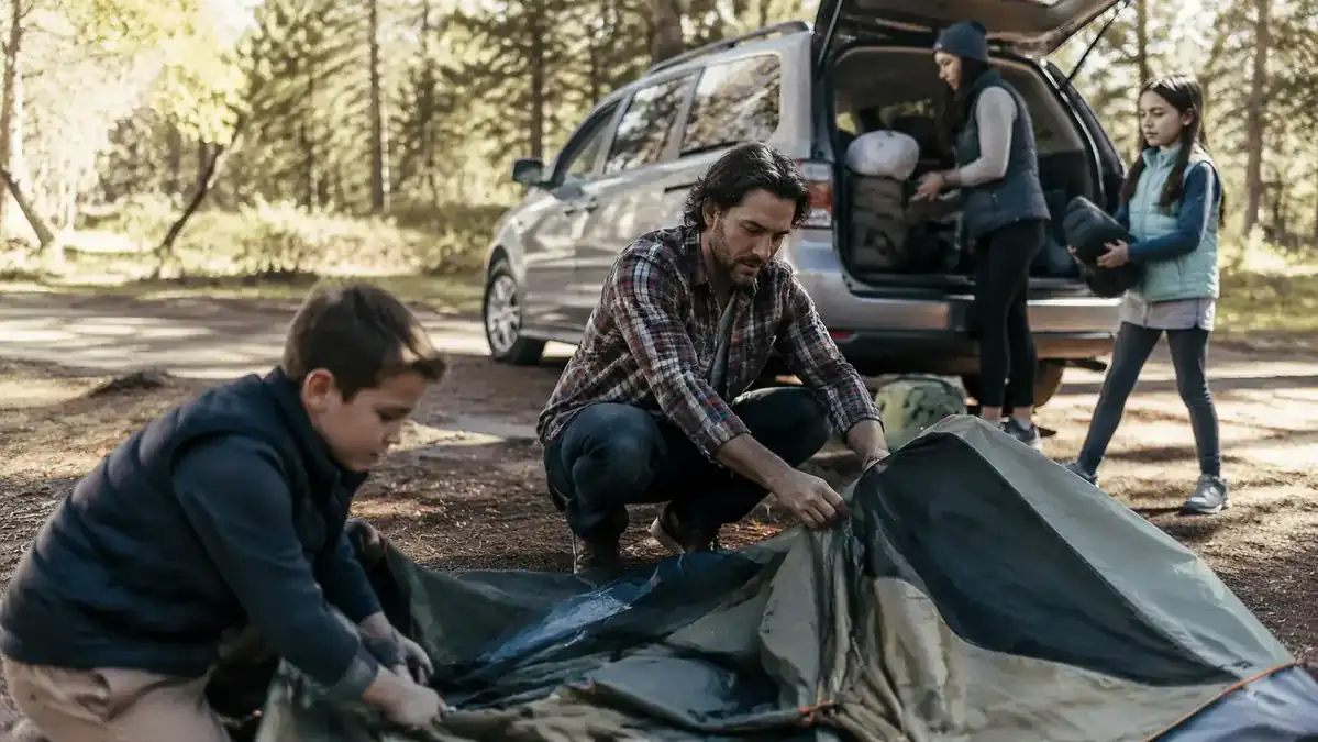 Family breaking camp in the morning, tent half-folded on the ground beside a packed car