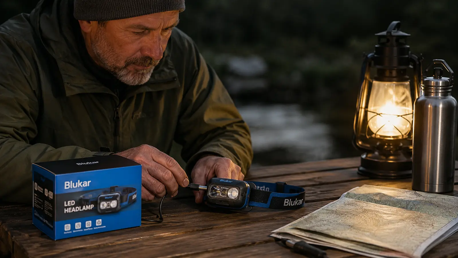 Blukar headlamp charging via USB-C on a camp table next to a water bottle and folded map