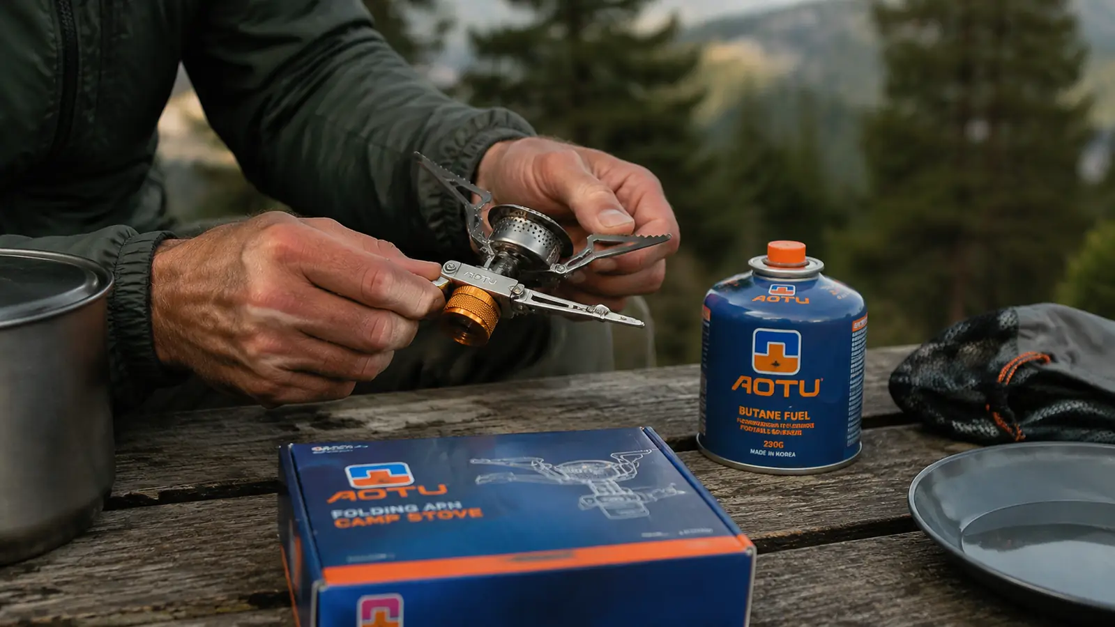 Hand holding the AOTU backpacking stove burner head next to an isobutane canister, showing its compact size