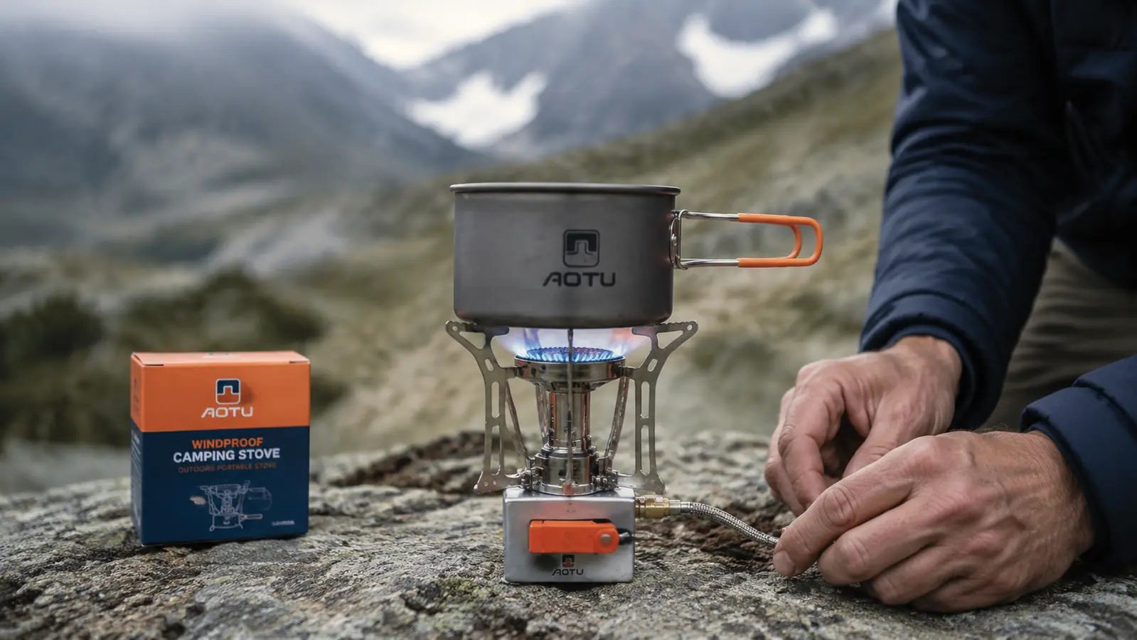 Backpacking stove fully assembled and lit under a small aluminum pot, flames visible at low setting