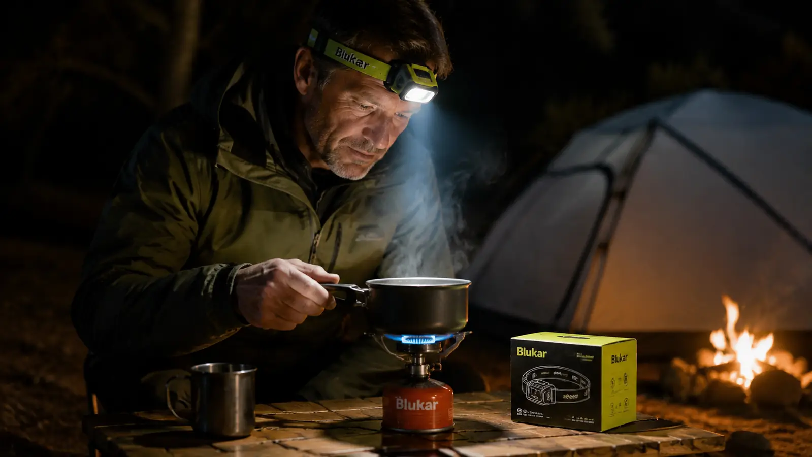 Camper using a headlamp to cook at a camp stove after dark, hands free