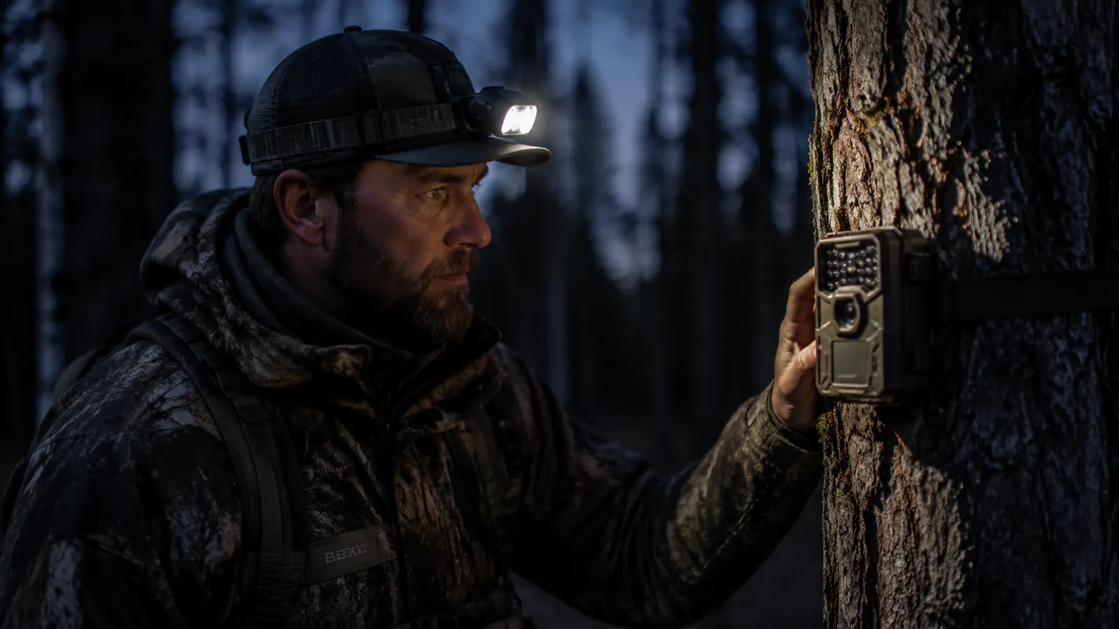 Hunter checking a trail camera in pre-dawn darkness wearing a headlamp