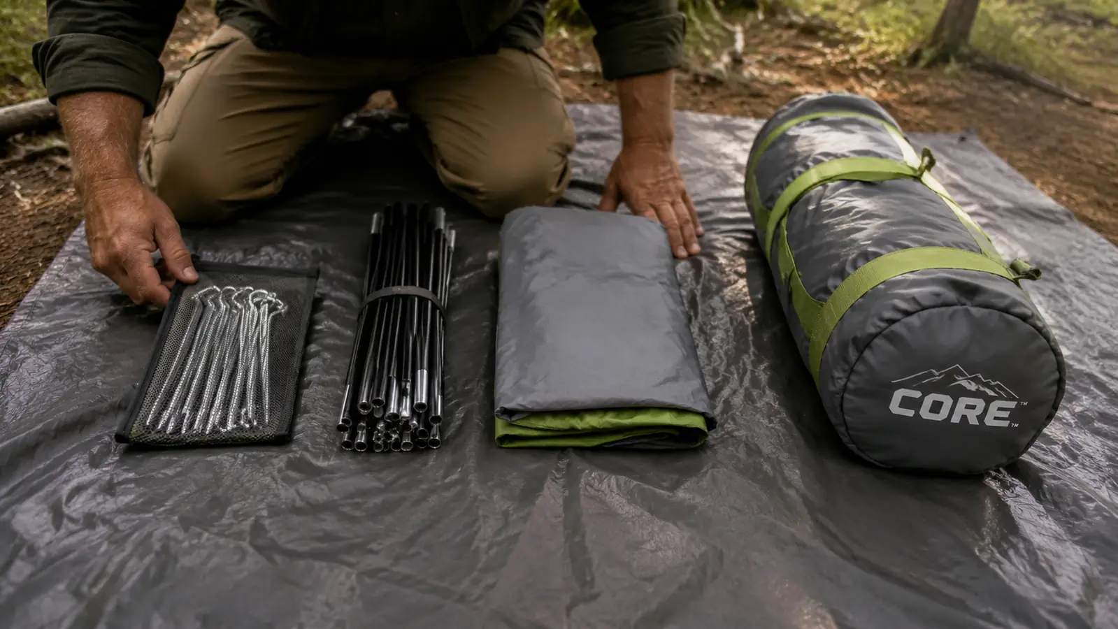 Camp gear organized on a dry tarp before tent setup: stakes in a small bag, poles bundled, footprint folded flat, all within arm's reach
