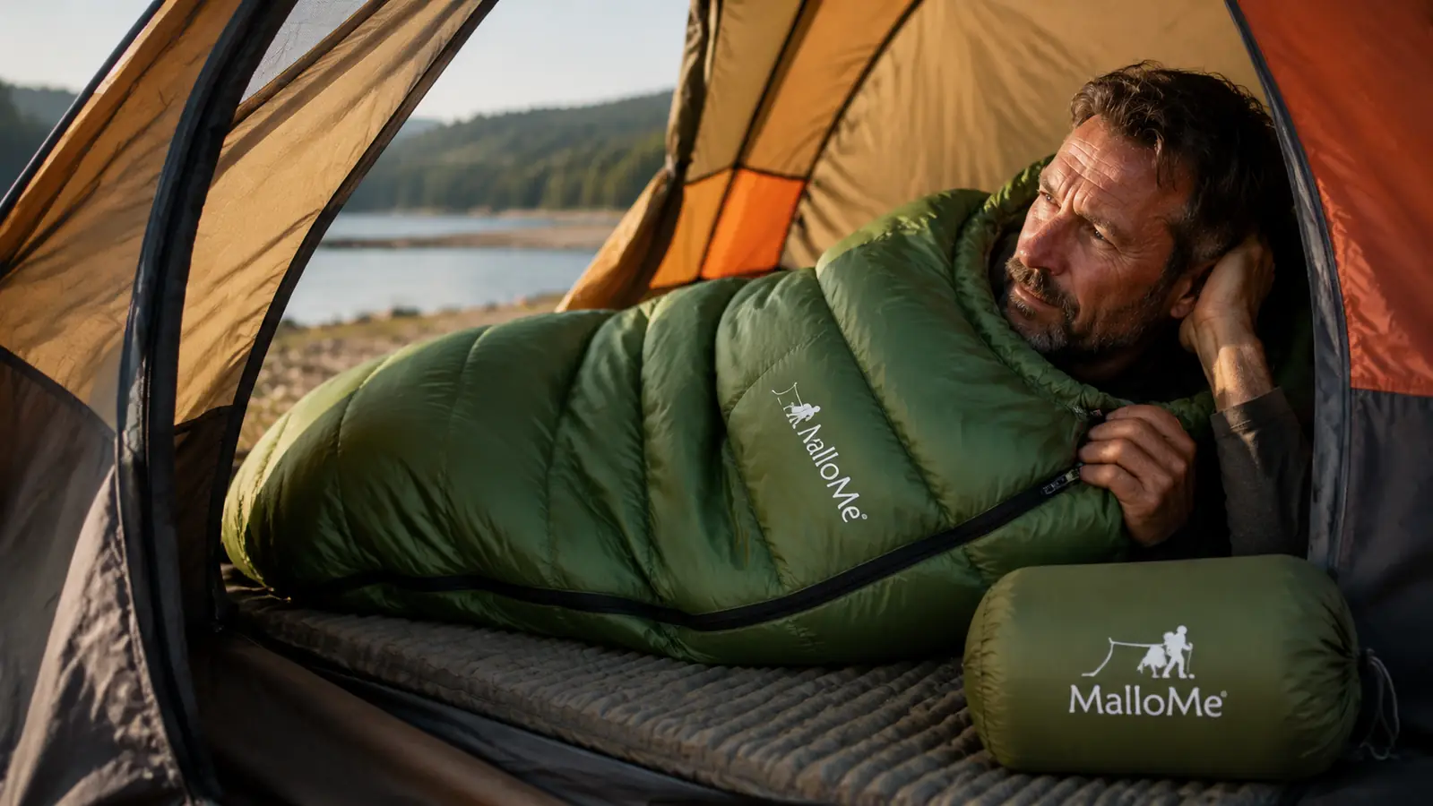 MalloMe sleeping bag laid out on a sleeping pad inside a tent, mummy cut visible