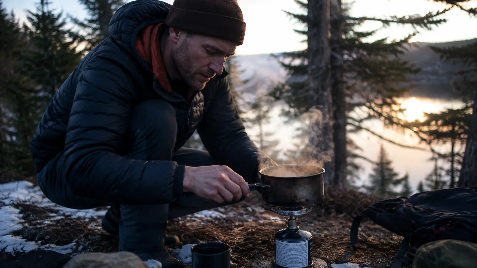 Camper eating a hot meal at a camp stove in the cold, bundled in layers, steam rising from the pot