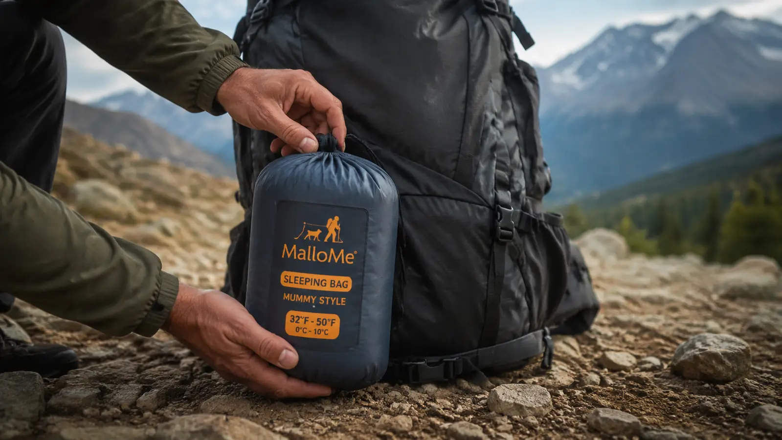Compressed MalloMe sleeping bag stuffed inside a small stuff sack sitting next to a 55L backpack