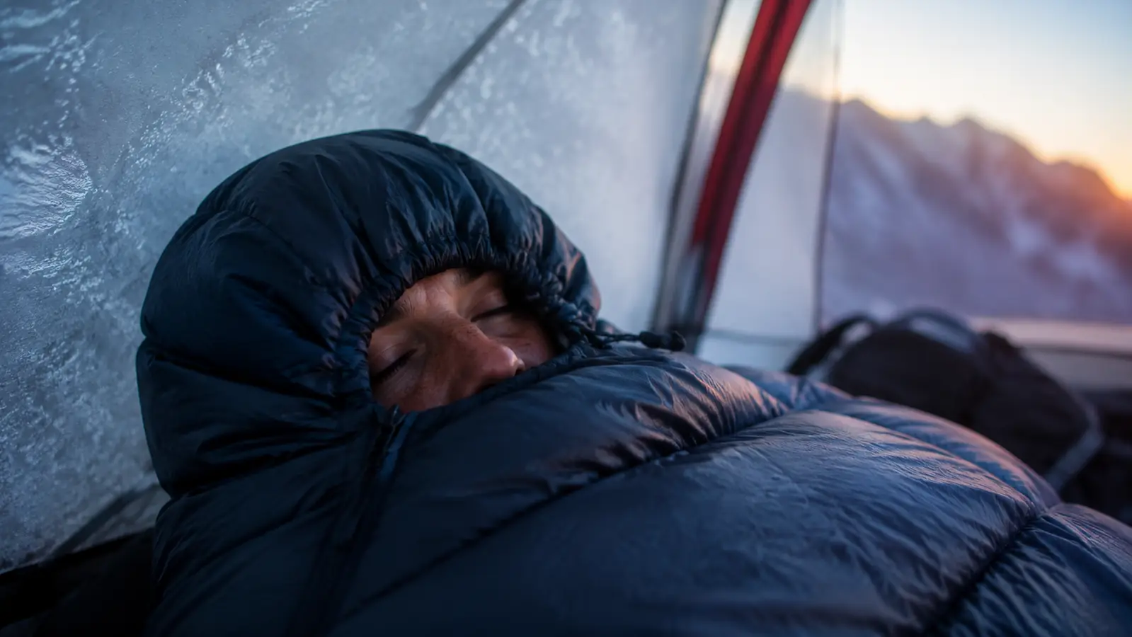 Camper inside a mummy sleeping bag with hood cinched tight, frost visible on tent walls in early morning