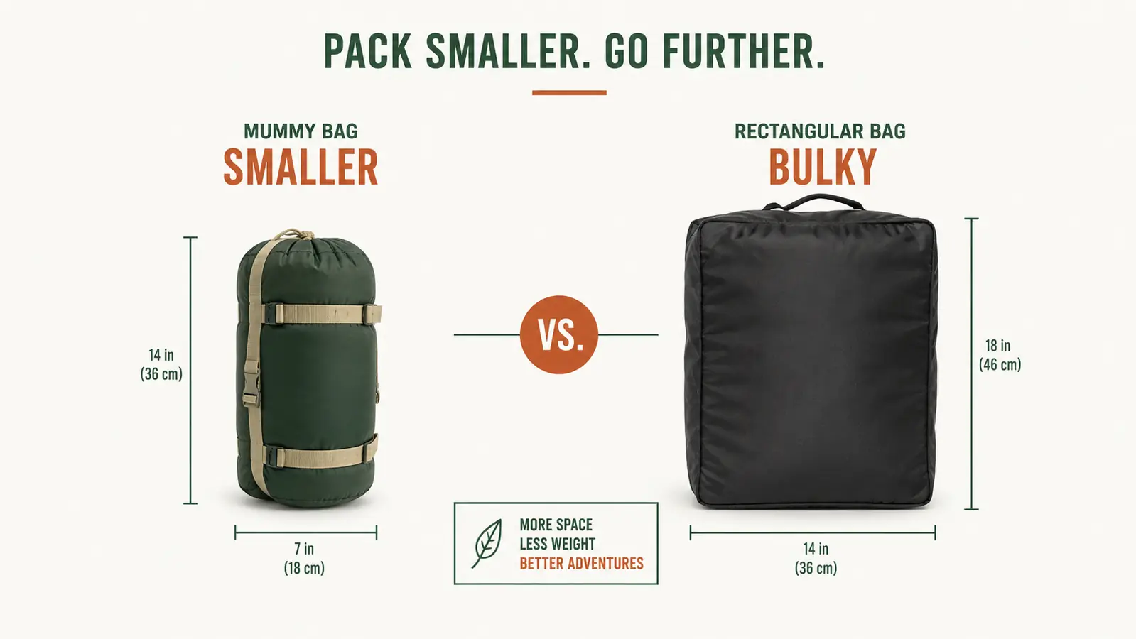 Side-by-side comparison showing a mummy sleeping bag compressed small versus a bulky rectangular bag