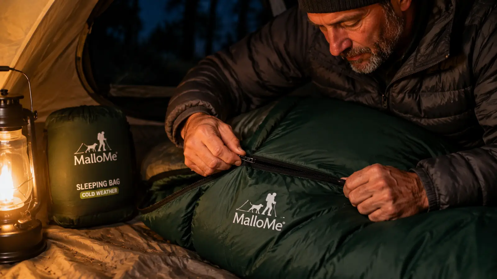 Person zipping up the MalloMe sleeping bag inside a tent at night
