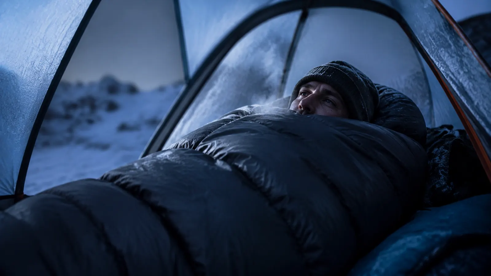 Camper tucked inside a mummy sleeping bag inside a tent on a cold morning with breath visible in the air