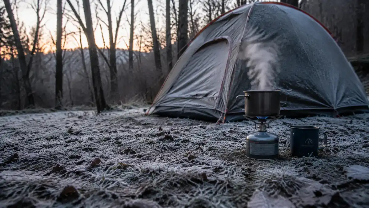 Morning campsite with frost on the ground, tent zipped shut, coffee mug steaming on a camp stove