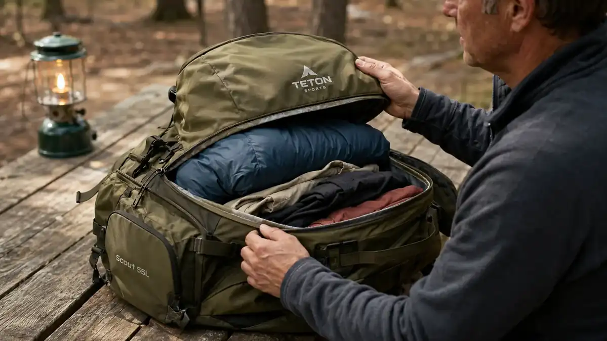 Interior view of the Teton Scout 55L showing the main compartment, frame sheet, and organization pockets