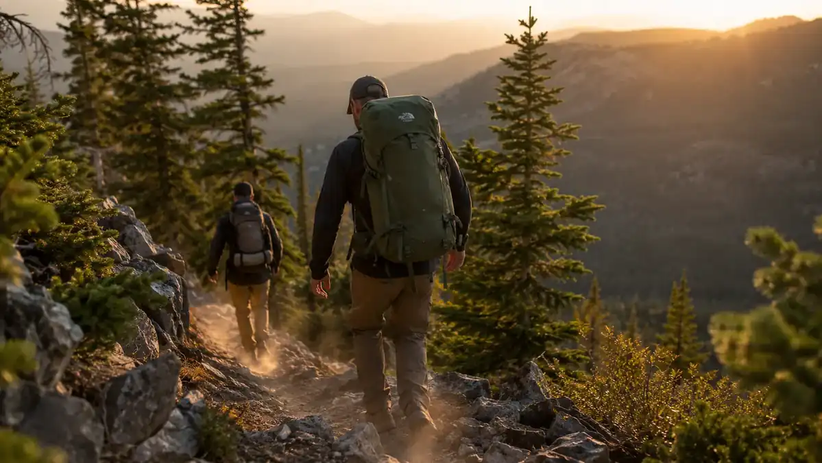 Two hikers descending a mountain trail at dusk, the lead hiker carrying a large internal frame backpack