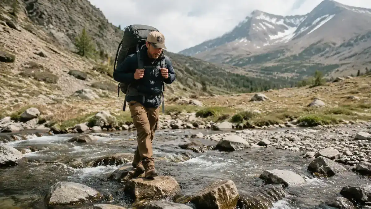 Hiker with a large backpack crossing a rocky creek on stepping stones, mountains visible in the background